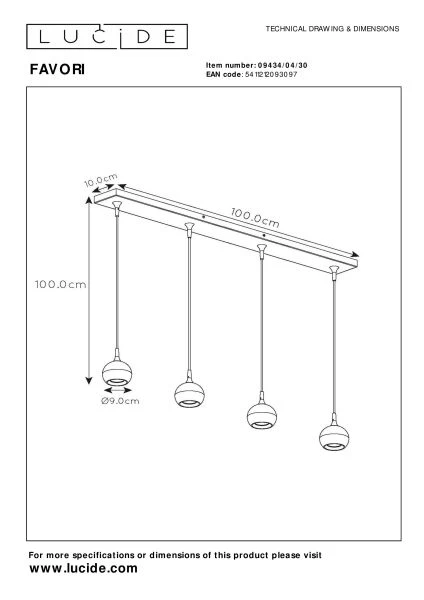 Lucide FAVORI - Pendant light - 4xGU10 - Black - technical